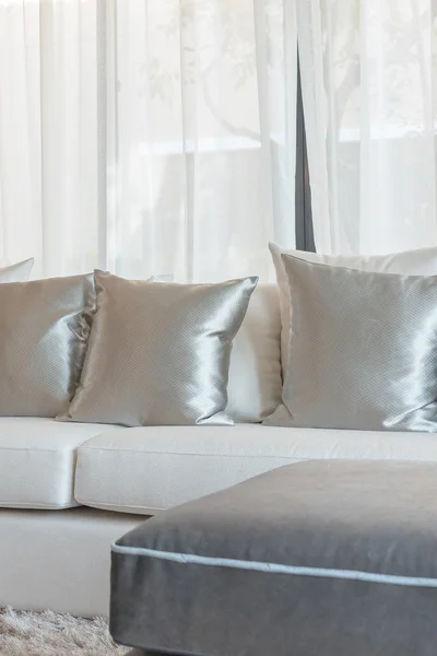 Set of pillows on modern sofa in living room — Stock Photo, Image