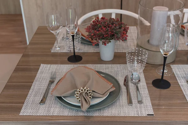 Table set on wooden dining room — Stock Photo, Image