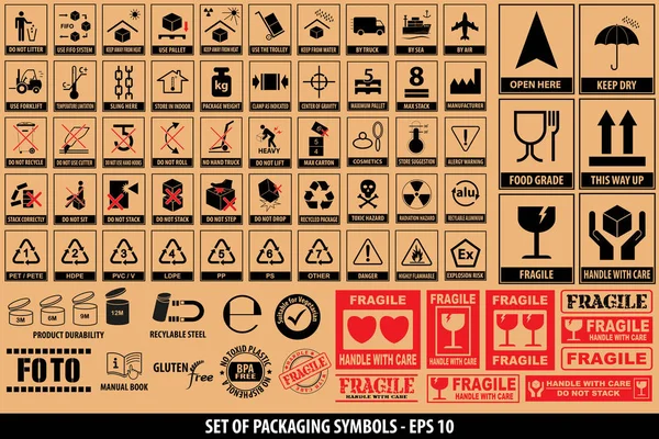 Set of packaging symbols, tableware, plastic, fragile symbols, cardboard symbols. — Stock Vector