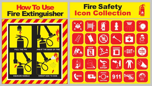 Set of fire safety icon collection and how to use fire extinguisher banner. — Stock Vector