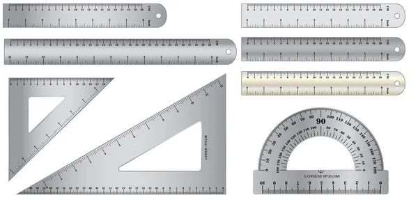 Set of realistic metal ruler in metal, plastic and wooden concept. — Stok Vektör
