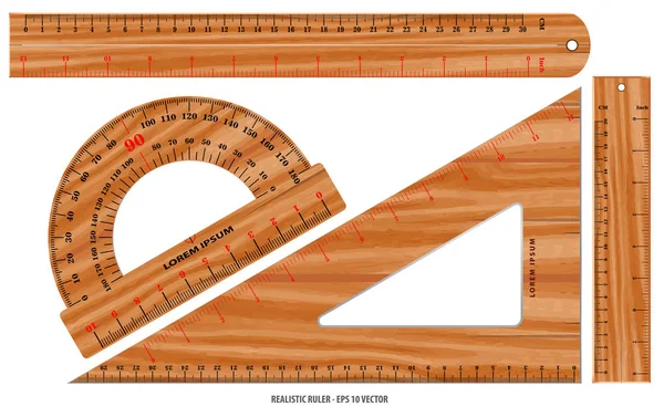 Set of realistic metal ruler in metal, plastic and wooden concept. — Stockový vektor