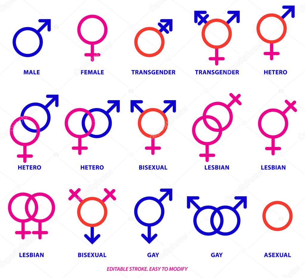 set of sexual orientation gender or male female symbols. editable stroke, 