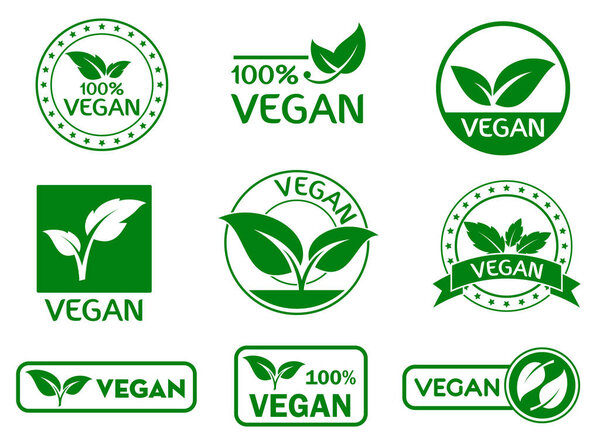 набор веганских знаков или зеленая веганская этикетка или зеленые природные значки концепция продукта
.  