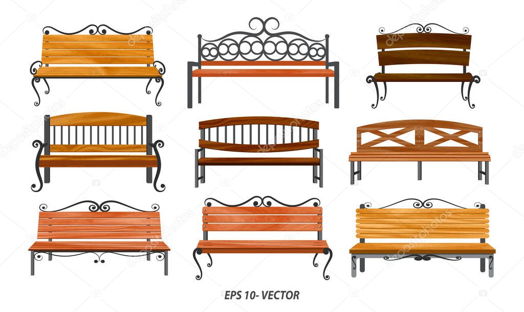 set of realistic bench wood garden or street bench seat or bench cartoon.  