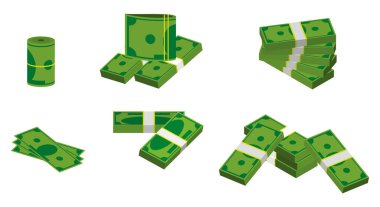 Bir grup deste dolar düz stil ya da bozuk para doları farklı stilde ya da para birimi konseptini karalama şeklinde istifler. 10 vektör, değiştirmesi kolay