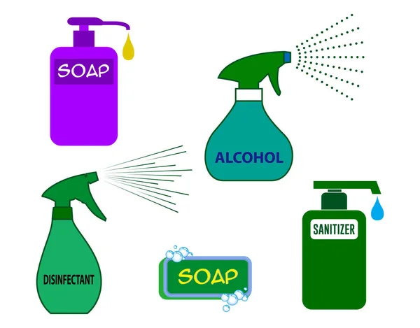 Uppsättning Rengöringsbakterier Och Virus Koncept Eller Desinficera Dispenser Alkohol Spray — Stock vektor