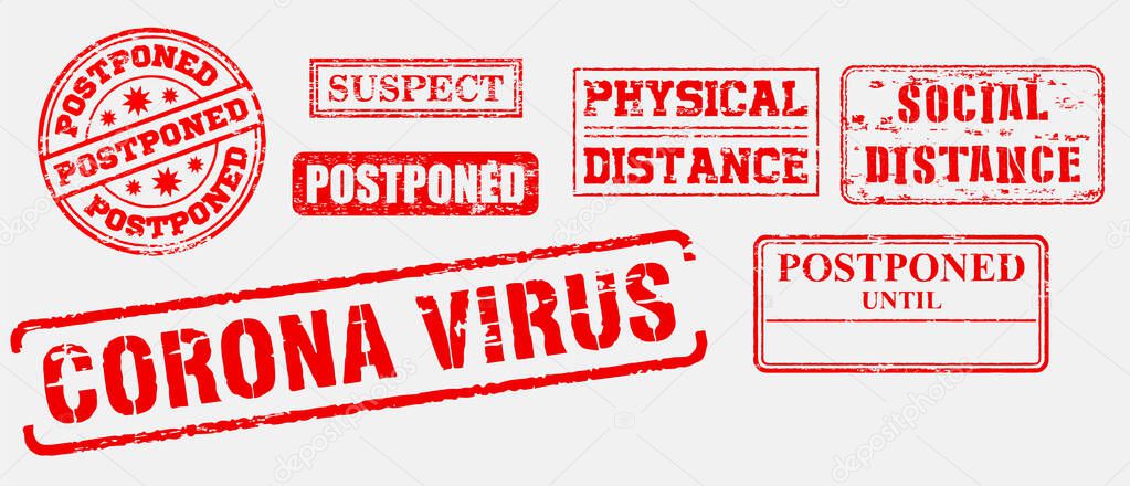 set of red grunge rubber stamp or corona virus rubber stamp themes or postponed, lock down, social distance, physical distance concept. eps 10 vector, easy to modify