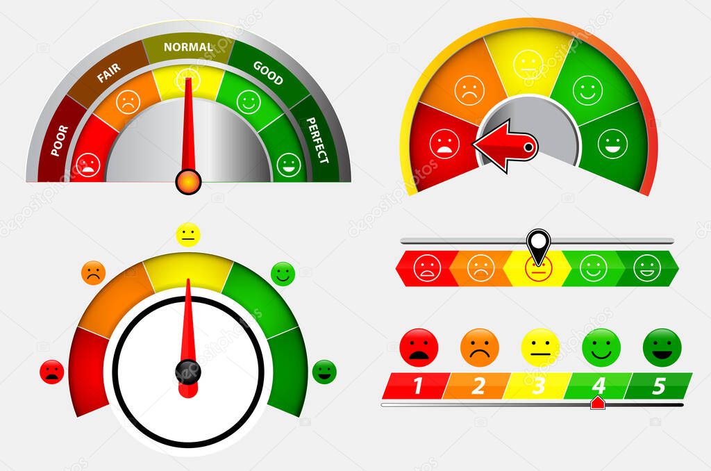 set of score indicators or rating meter level or gauge speedometer indicator concept. eps 10 vector, easy to modify