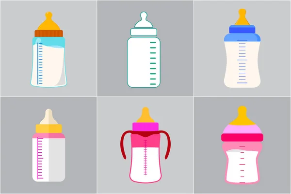 Set Flat Baby Bottle Milk Bottle Plastic Newborn Bottle Milk — Stock Vector