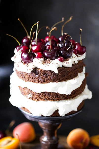 Pastel de chocolate con crema batida y cerezas —  Fotos de Stock