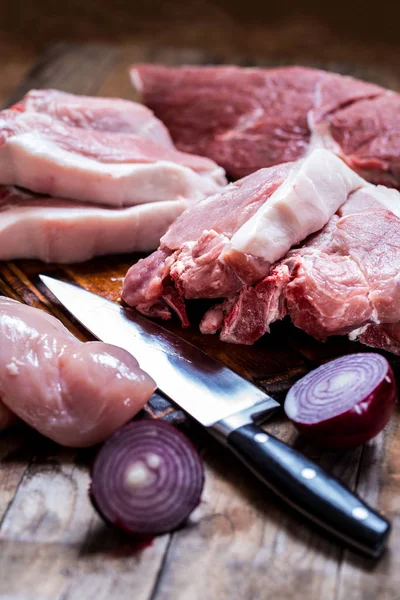 Carne Cruda Res Cerdo Pollo Para Preparación Platos Carne Cuchillo — Foto de Stock