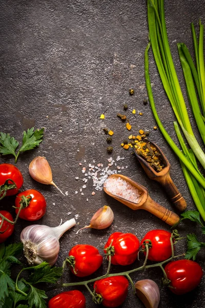 domates, yeşil soğan, tuz, baharat, karanlık bir arka plan üzerinde yemek pişirmek için otlar
