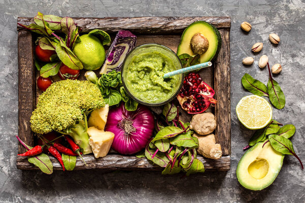 fresh fruit, vegetables, cereals, nuts and greens, the ingredients for a healthy lifestyle, healthy food in a wooden box