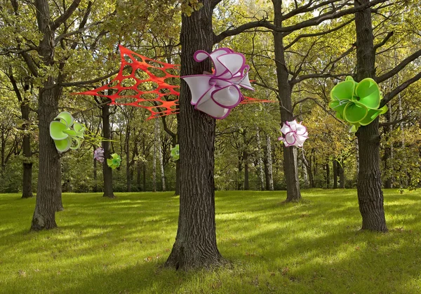 Sihirli orman ağaçları çiçekli.