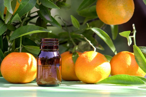 Natural citrus essential oil and mandarins. — Stock Photo, Image