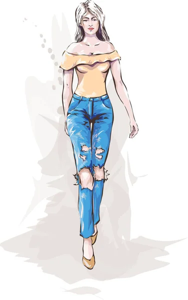 Mädchen in zerrissenen Jeans — Stockvektor