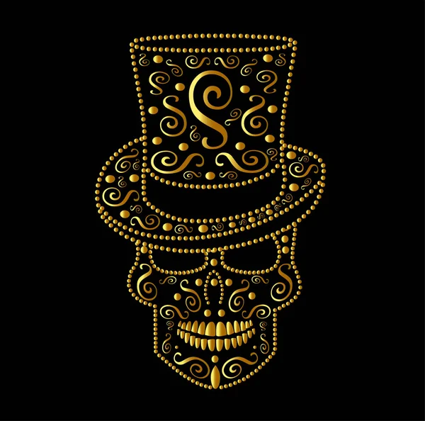 Skull vector with cylinder hat, gold color — Stock Vector