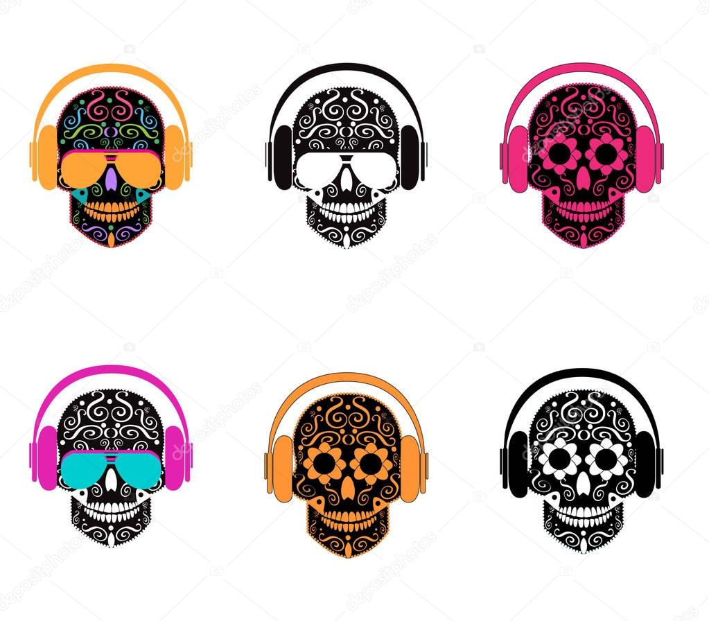 Skull icons with headphones and sunglasses 
