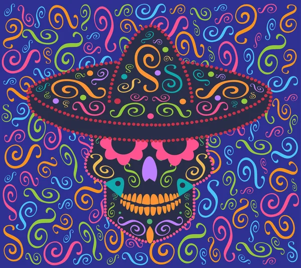 Enfeite ícone vetor Caveira mexicana com olhos de flor e sombero — Vetor de Stock