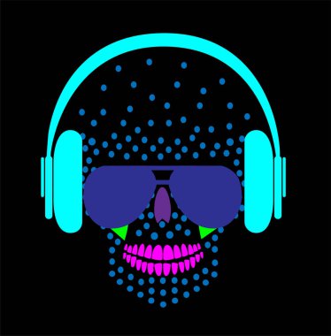 Kulaklıklı müzik kafatası simgesi, neon mavi renk vektörü