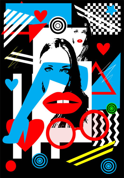 Women legs with high heels, lips,  woman - abstract pop art, colorful background