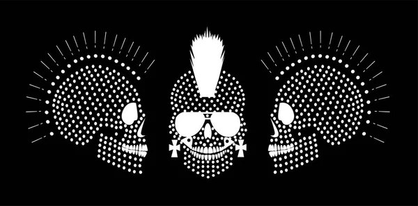 Punk Totenköpfe Mit Mohawk Und Sonnenbrille Weiße Punkte Hintergrund — Stockvektor