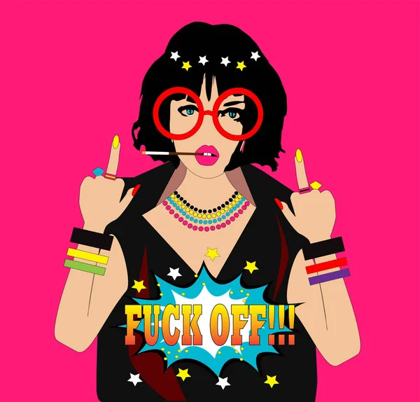Girl Middle Fingers Sunglasses Smoking Cigarette Pink Pop Art Background Vector Graphics