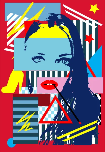 Duotone Chica Fondo Con Labios Rojos Fumar Pop Art — Vector de stock