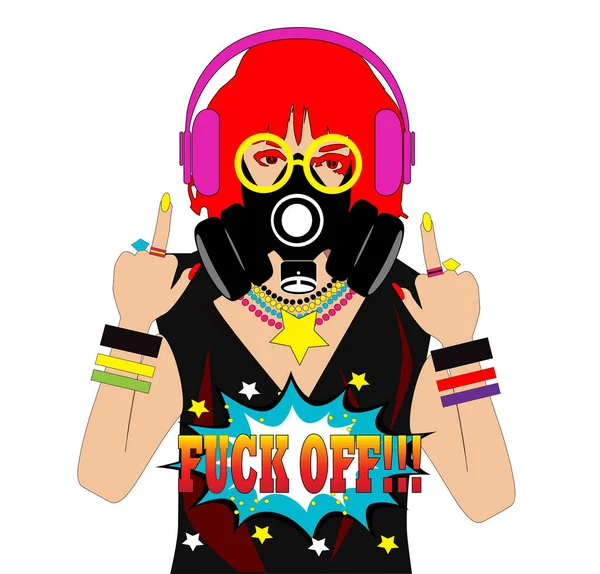Red Hair Girl Gas Mask Headphones Sunglasses Middle Finger Cartoon Stock Vector