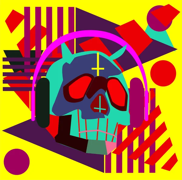Crâne Néon Avec Écouteurs Croix Inversée Fond Abstrait Rose Rouge — Image vectorielle