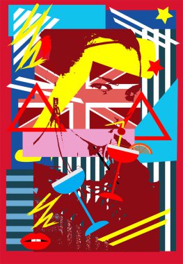 Kadınlar gülen dudaklar, İngiliz bayrağı, kadın - soyut pop sanatı, renkli arka plan