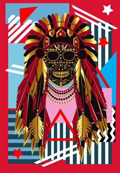 Cráneo Indio Almizcle Con Plumas Mohawk Fondo Arte Pop — Vector de stock