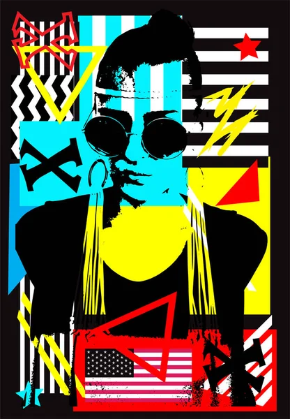 Neon Punk Indische Mädchensilhouette Mit Sonnenbrille Und Amerikanischer Usa Flagge — Stockvektor