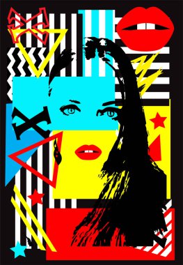 Kırmızı dudaklı bir kız siluetinin soyut portresi. Geometrik insan arkaplanı.