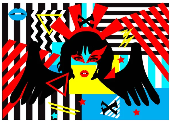 Fondo Abstracto Con Chica Con Alas Corona Rojo Negro Geométrico — Vector de stock