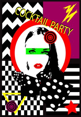 Pop sanat, kız, kokteyl partisi, parti, martini bardağı, zarlar, zigzag, poster, arka plan