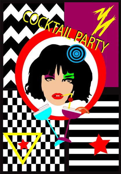 Pop Art Fille Cocktail Party Fête Verre Martini Zigzag Affiche — Image vectorielle