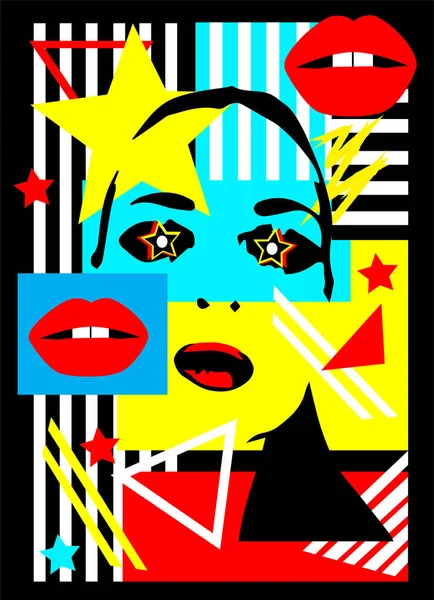 Silueta Chica Con Ojos Estrella Labios Rojos Fondo Geométrico Abstracto — Vector de stock