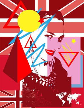 İngiliz bayrağı ve dünya haritasıyla gülümseyen kırmızı kız.