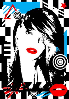 Kırmızı dudaklı seksi kız, İngiliz bayrağı, renkli pop sanat afişi arka planı