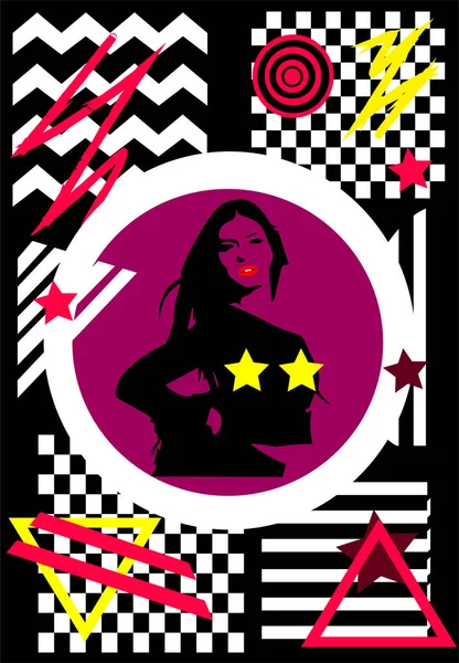 Sexy Mujer Silueta Con Senos Estrella Mosaico Rayas Fondo — Vector de stock