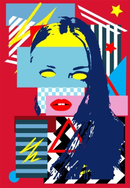 Sarı gözlü, kırmızı dudaklı, geometrik renkli bir kız.