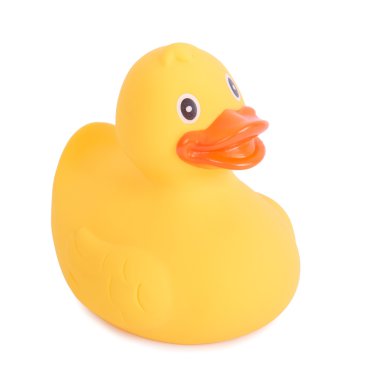 Lastik ördek sarı oyuncak üzerinde beyaz izole yüzme için