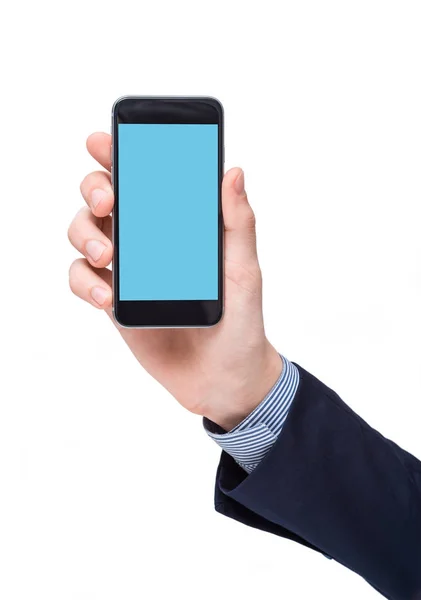 Businessman showing screen of black smartphone — Stock Photo, Image