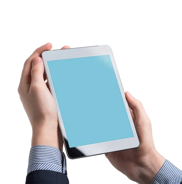 Vysmívat se z muže, který drží digitální tablet zařízení — Stock fotografie