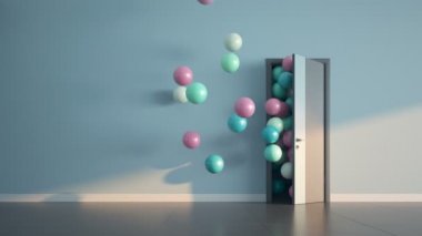 Balonlar açık kapı uçmak. Yavaş hareket 3d render.