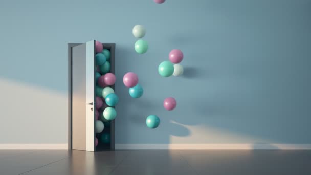 Ballons fly through open door. Slow motion 3D render. — Stock Video