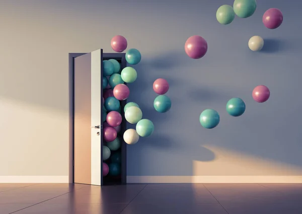 Повітряні кульки летять через відкриті двері — стокове фото