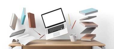 Dizüstü bilgisayar maket, sıfır yerçekimi ile Işyeri karışıklık kavramı